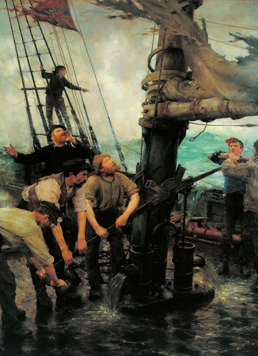 Painting of sailors in a storm hauling on the brakes of a ship's pump while water floods the deck