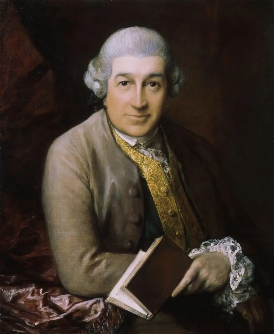 Portrait of the actor David Garrick in a grey coat and powdered wig, holding a book