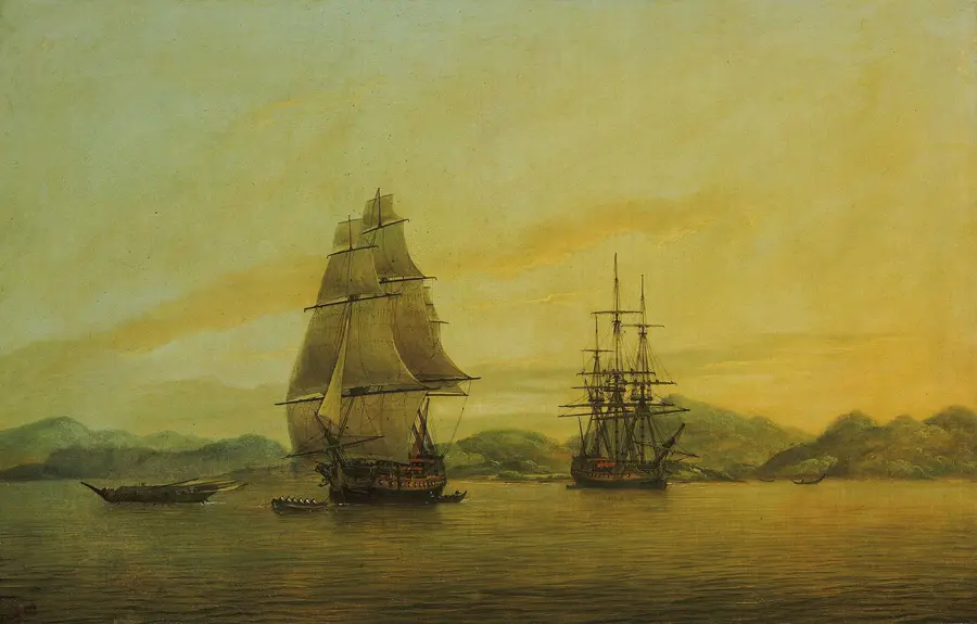 Oil painting of two three-masted sailing ships at anchor in a calm golden evening with low hills behind