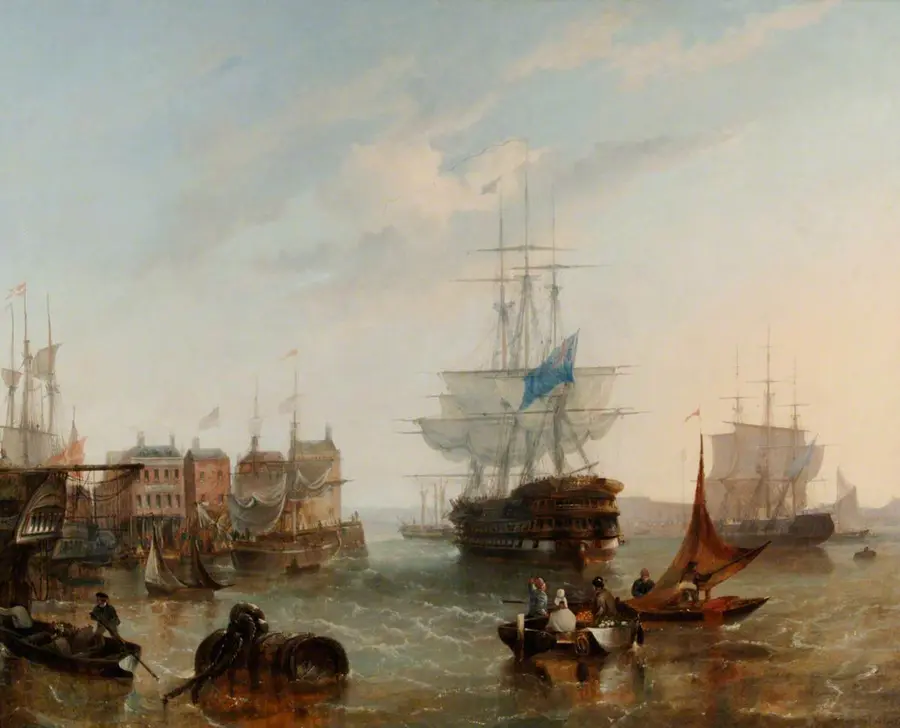 Oil painting of a large warship with sails loosed leaving Portsmouth Harbour among small boats and buildings