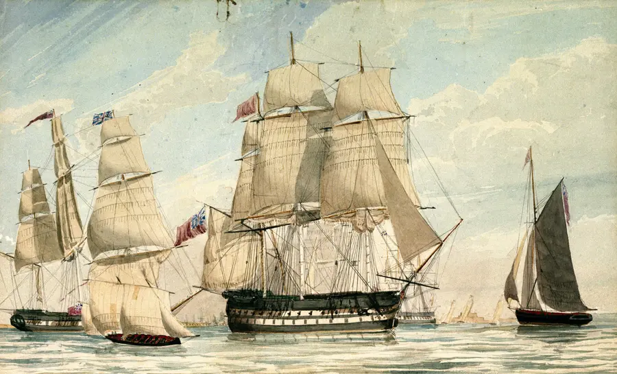 Watercolour of HMS Ganges leaving Spithead under sail in 1826