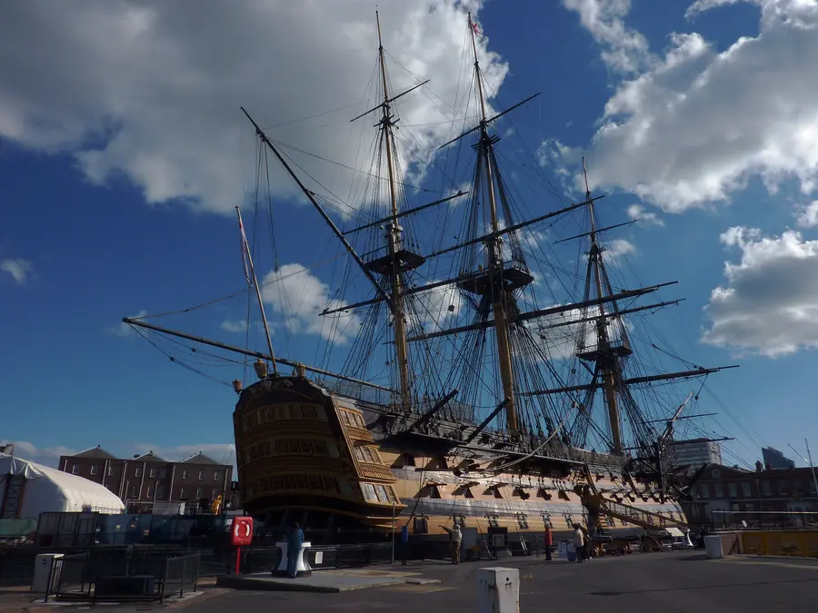 HMS Victory with her full masts and rigging in dry dock at Portsmouth