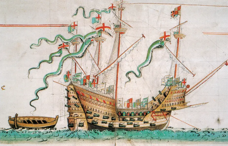 Hand-painted drawing of a Tudor carrack with tall masts, red cross flags, long green streamers and rows of guns along the hull
