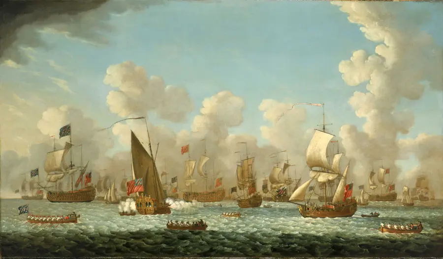 Oil painting of a crowded fleet of warships and small boats at a naval review under a bright cloudy sky