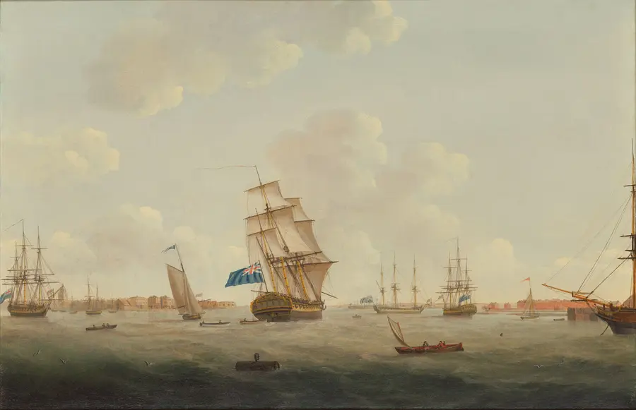 Painting of Portsmouth Harbour crowded with sailing warships and small boats under a pale sky