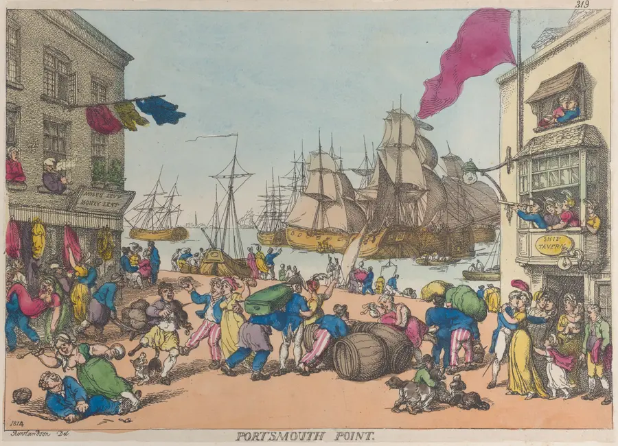 Hand-coloured engraving of sailors, women and fiddlers celebrating on a crowded quayside with warships anchored behind