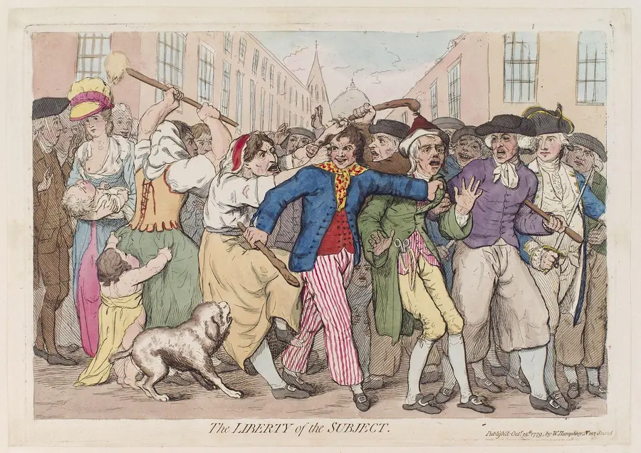 Gillray etching of a press gang dragging a man through a crowded street