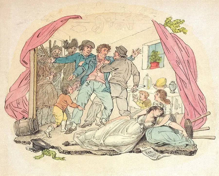Hand-coloured drawing of a sailor being dragged from his home by a press gang while his wife lies fainted on the floor and a child reaches for him