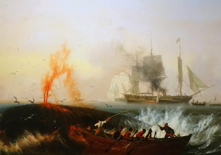 Oil painting of whalers in a rowing boat attacking a spouting right whale