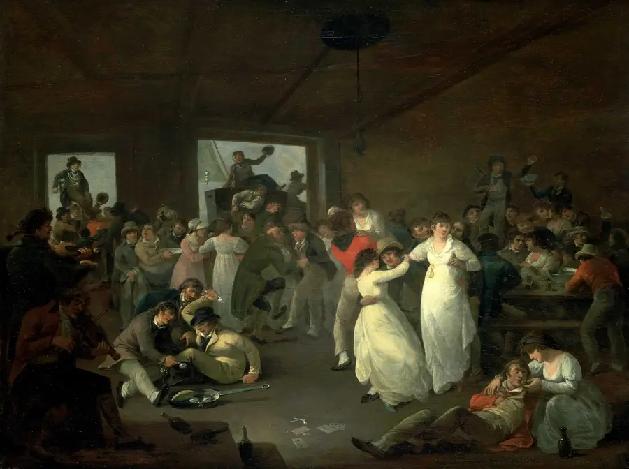 Crowded dark tavern interior with sailors drinking, dancing with women in white dresses and lying drunk on the floor while fiddlers play