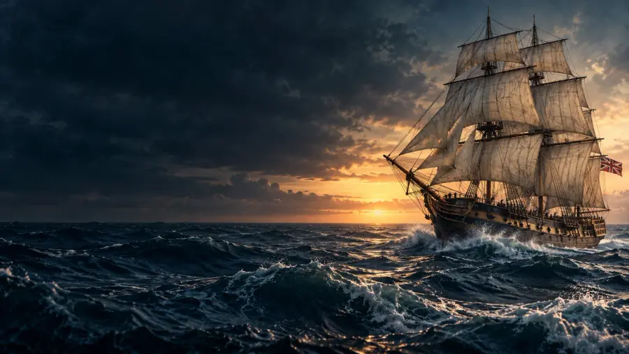 A tall sailing ship crossing a deep blue sea beneath a golden evening sky (AI-generated image)
