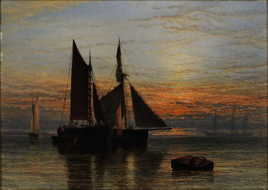 Painting of sailing boats at anchor on a calm sea at dusk, dark against an orange sky
