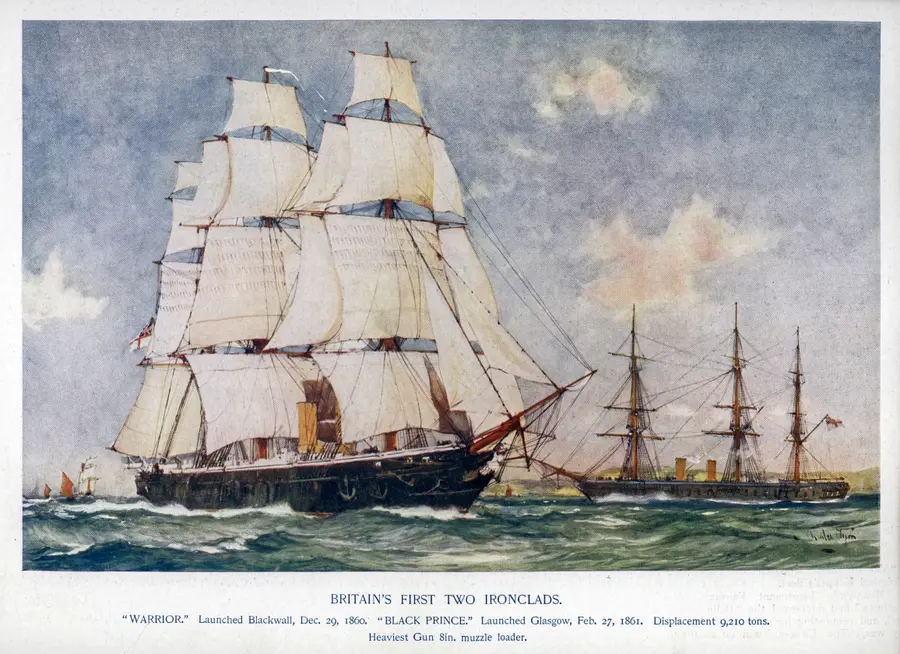 Painting of two black-hulled ironclad warships under full sail on a calm sea